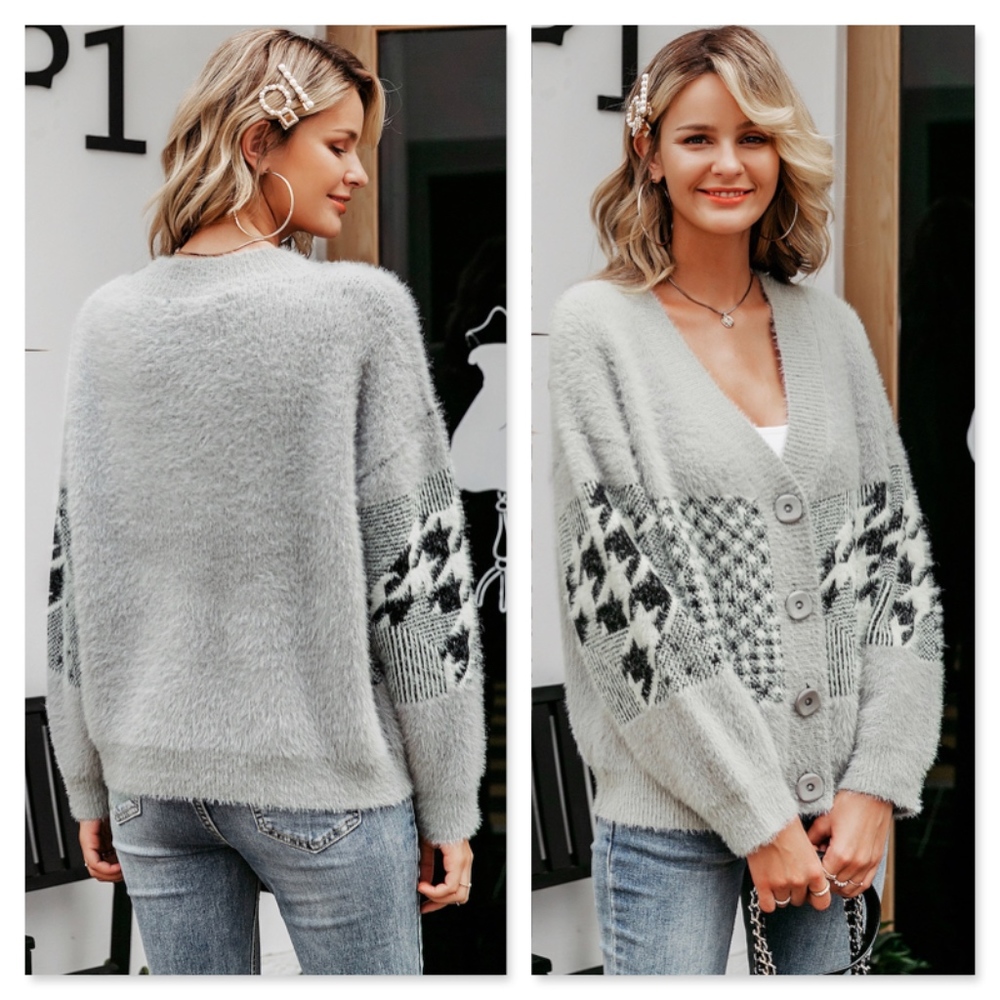 Grey Fuzzy Houndstooth Button Up Cardigan - Picture 3 of 7